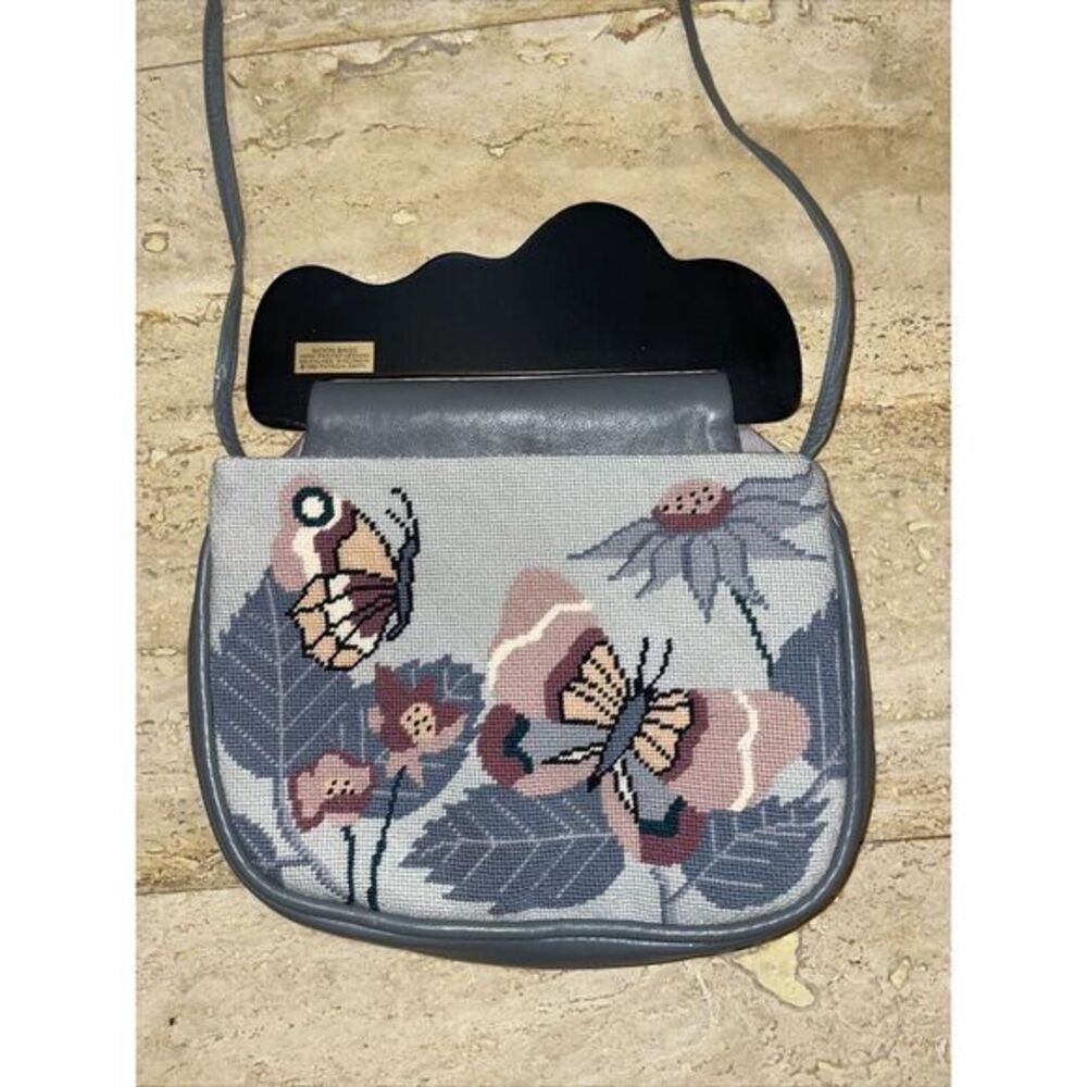 Patricia Smith Moon Leather Bag Butterfly Daisy Needlepoint Handpainted 1980 - Picture 3 of 10